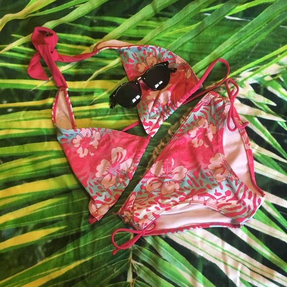 Pink and teal tropical floral bikini bottoms - Picture 1 of 2